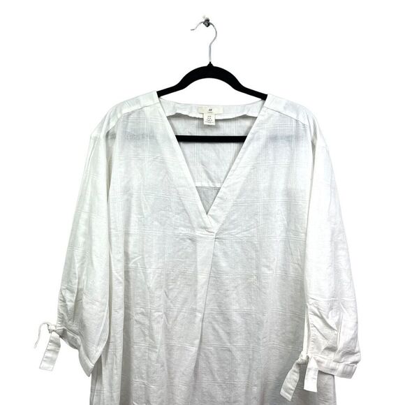 H&M Tunic Blouse Top Stripe Linen Blend Boho V Neck 3/4 Tie Sleeve White Women M - Picture 2 of 5